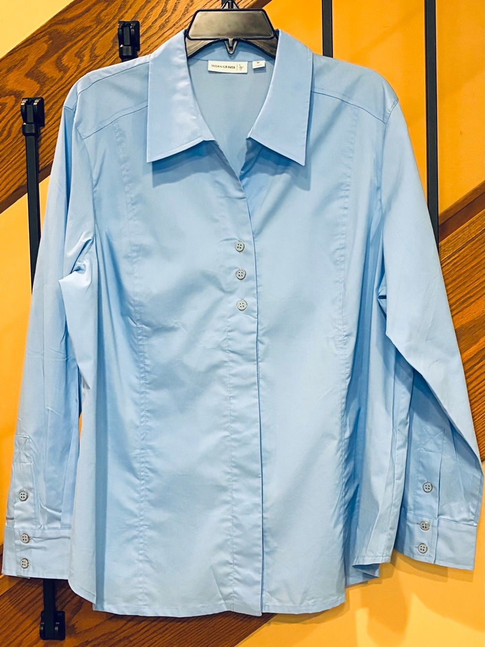 Susan Graver Shirt Stretch Hidden Placket collared decorative buttons blue SZ.XL